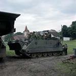 Fallex 84 Bavaria West Germany. Engineers from 4 Combat Engineer Regiment sit on top of their APC during a break in the training exercises, held in Bavarian countryside as part of the annual NATO fall manoeuvres September 1984.