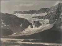 Crowfoot Glacier and south end of Bow Lake from slope of Dolomite Peak 10.5 miles (16.8km) in an air line north-northwest of Lake Louise station on the Canadian Pacific Railway, Alberta, Canada 1918