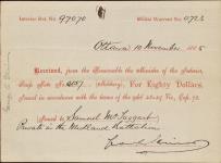 Receipt - McTaggart, Samuel - Private - Midland Battalion - Scrip number 157 [between 1885-1913]