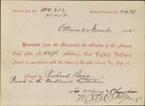 Receipt - Begg, Richard - Private - Midland Battalion - Scrip number 275 [between 1885-1913]