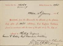 Receipt - Dupuis, Phillip - Gunner - B Battery Regiment Canadian Artillery - Scrip number 585 [between 1885-1913]