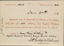 Receipt - Wilkins, Horace Percy - Hospital Sergeant - Montreal Brigade Garrison Artillery - Scrip number [between 1885-1913]