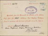 Receipt - Saunders, Samuel - Lance Corporal - Halifax Provisional Battalion - Scrip number 615 [between 1885-1913]