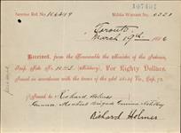 Receipt - Holmes, Richard - Gunner - Montreal Brigade Garrison Artillery - Scrip number 1043 [between 1885-1913]