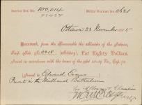 Receipt - Evans, Edward - Private - Midland Battalion - Scrip number 218 [between 1885-1913]