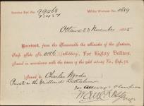 Receipt - Woods, Charles - Private - Midland Battalion - Scrip number 186 [between 1885-1913]