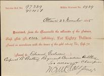 Receipt - Godreau, Edward - Corporal - B Battery Regiment Canadian Artillery - Scrip number 202 [between 1885-1913]