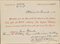 Receipt - Meade, Jesse - Gunner - B Battery Regiment Canadian Artillery - Scrip number 208 [between 1885-1913]