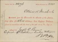 Receipt - O'Brien, Joseph - Corporal - Private - Ninth Battalion Quebec Voltigeurs - Scrip number 1564 [between 1885-1913]