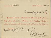 Receipt - Rowe, John Alexander - Captain - Infantry Battalion Winnipeg - Scrip number 4081 [between 1885-1913]