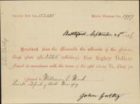 Receipt - Wood, William C. - Private - Infantry Battalion Winnipeg - Scrip number 3325 [between 1885-1913]