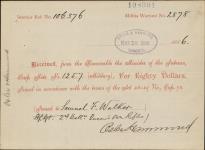 Receipt - Walker Samuel F. - Staff Sergeant - Second Battalion Queen's Own Rifles - Scrip number 1257 [between 1885-1913]
