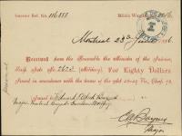 Receipt - Baynes, Edward Alfred - Major - Montreal Brigade Garrison Artillery - Scrip number 2623 [between 1885-1913]