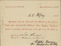 Receipt - Savage, Walter - Private - Midland Battalion - Scrip number 2384 [between 1885-1913]