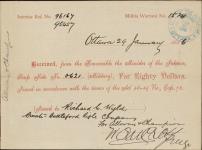 Receipt - Wylde, Richard C. - Private - Battleford Rifle Company - Scrip number 621 [between 1885-1913]