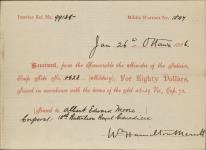 Receipt - Moore, Albert Edward - Corporal - Tenth Battalion Royal Grenadiers - Scrip number 623 [between 1885-1913]