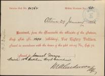 Receipt - Downey, Samuel - Private - Tenth Battalion Royal Grenadiers - Scrip number 694 [between 1885-1913]