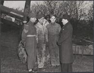 Men of a French-Canadian Artillery unit meet Mr. Pierre Dupuy, chargé d'affaires to the Allied Governments in exile in London. Left to right: Sgt. Rodolphe Mailloux (Restigouche, Que.), Bdr. Armand Bussiéres (St-Prospére, Que.), Gnr. Jean-Baptiste Boudreau (Robinville, N.B.) and Mr. Dupuy 2 March 1944.
