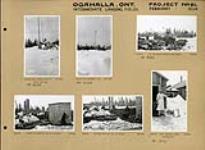 (Relief Projects - No. 81). Ogahalla, ONT. Intermediate Landing Fields RP 81-29 to RP 81-34, Men in camp activities, cook with bell, hoisting flag, chopping log for ice house February, 1934