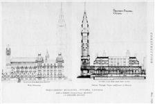 New Centre Block, Houses of Parliament, Ottawa. Construction, west elevation, section through tower and Court of Honour. / John A. Pearson, architect; J.O. Marchand, associate architect 1924.