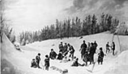 Composite photograph of the Dufferin group at the toboggan slide, Rideau Hall [between 1870-1879].