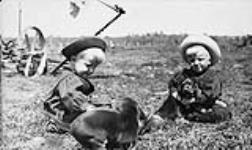 Twin boys Ivan and Roy Mattson with puppies ca. 1910