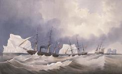 No II. Le HMS Phoenix, avec les navires de conserve Diligence et Breadalbane, parmi les icebergs, au large de la baie de Disco. Une forte houle de l'avant ayant fait se rompre les haussières avec lesquelles le HMS Phoenix remorquait le Diligence et le Breadalbane, ceux-ci ont bien failli tomber sur un des icebergs qui les entouraient. ca. 1855