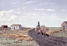 Habitations de colons et charrette de la rivière Rouge au « Manitobah » ca. 1862
