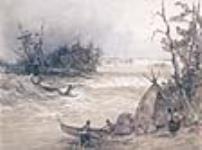 Canot franchissant des rapides à l'approche du village des Cèdres, Bas-Canada 1838