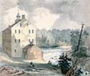 Manufacture de laine, Sherbrooke, dans les Cantons de l'Est, Bas-Canada ca. 1830-1837.