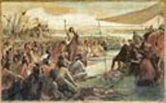 Crowfoot s'addressant au marquis de Lorne lors d'une assemblée d'Indiens à Blackfoot Crossing, en Alberta, le 10 septembre 1881 ca. 1887