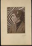 Portrait of Madge Macbeth against a zebra textile, wearing a tweed jacket and a hat with veil 1937.
