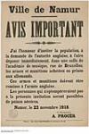 Ville de Namur, Avis Important, 23 Novembre 1918 1918