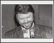 RCA/Polar artist and "Chess" collaborator Bjorn Ulvaeus enjoying himself at a press conference held in Toronto to launch "Chess," an adventurous musical project, in Canada [ca 1984].