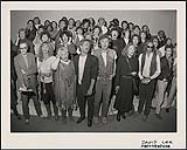 Group of Canadian artists working under the name Northern Lights shown in studio recording Tears are Not Enough 1985