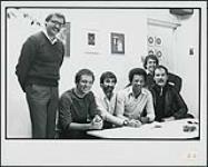 The Nylons signing with Attic Records. Pictured left to right are Al Mair (Attic President), Marc Connors, Claude Morrison, Arnold Robinson, Paul Cooper (Nylons). Rear: Tom Williams (Attic VP) 1981.