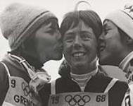 Nancy Greene, gold medal winner in giant slalom, with two other medallists, Annie Formose and Fernande Bochatay, at 1968 Winter Olympics 15 February, 1968