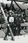 Nancy Greene holding her skis during downhill competition at the 1968 Winter Olympic Games February 1968