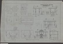 Administration Bldg. Front & rear elevation, section, plan of 1st & ground flrs., plan of mud sills and posts, plan of main sills, details 1901