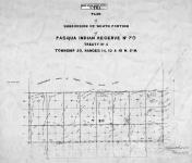 Plan of subdivision of south portion of Pasqua Indian Reserve No. 79. Treaty No. 4.  Township 20, Ranges 14, 15 & 16, W. 2nd M. J. Lestock Reid, D.L.S., February 1907. [2 copies/2 exemplaires]
