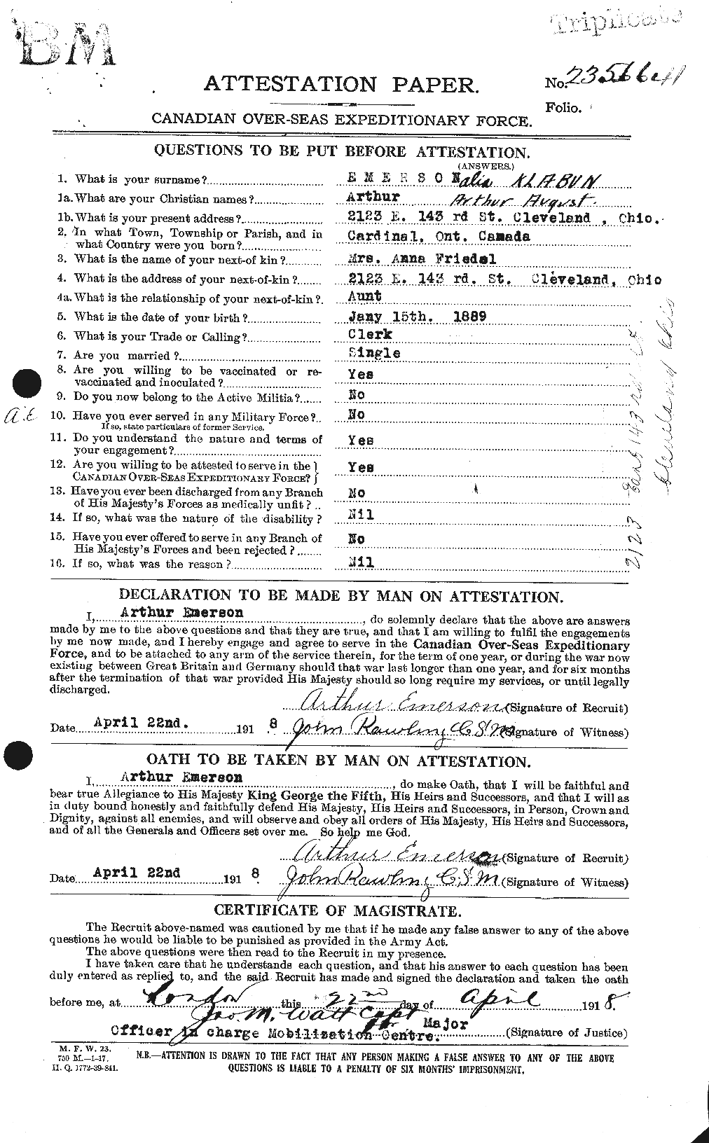 EMERSON, ARTHUR, KLABUN, ARTHUR AUGUST (AKA) 1889-01-15