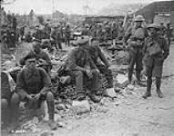Prisoners captured by Cdns. Note German wearing Scottish cap. Battle of Amiens. August, 1918. August 1918.