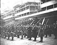 Departure of 3rd Canadian Division per S.S. "Adriatic" from Liverpool, March 1st 1919. 42nd Royal Canadian Highlanders Colours and Band  March 1, 1919.