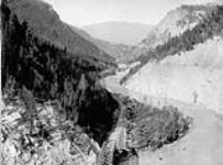 Bird's Eye view of Lower Kicking Horse Canyon, showing the C.P.R. (Canadian Pacific Railway) ca. 1900 - ca. 1939