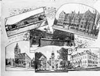 Montreal College; Old St. Sulpice Seminaire, Old Wall & Clock, Notre Dame Street; Royal Victoria College; Diocesan Theological College; Methodist College. ca. 1900-1925