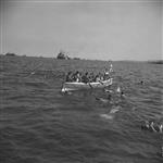 Crew of whaler from H.M.C.S. UGANDA having a swim after 'war canoe' race. Apr. 1945