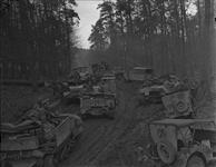 Canadian Army vehicles moving forward through a small forest. 6 Mar. 1945