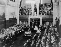 Their Majesties King George VI and Queen Elizabeth in the Senate Chamber of the Parliament Buildings. 19 May 1939
