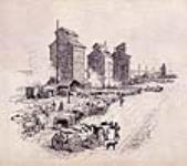 Gare de chemin de fer et élévateurs à maïs, Brandon ca 1887