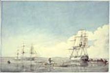 Les navires de la Compagnie de la Baie d'Hudson, le Prince-of- Wales et l'Eddyston, troquent avec les Esquimaux près des îles Upper Savage, dans le détroit d'Hudson, dans les Territoires du Nord-Ouest 1819